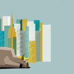 Ilustração de prédios da Nova York ao fundo, com touro símbolo do mercado acionário americano cabisbaixo em primeiro plano