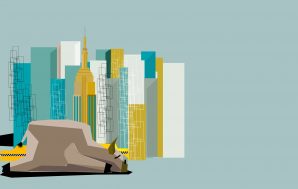 Ilustração de prédios da Nova York ao fundo, com touro símbolo do mercado acionário americano cabisbaixo em primeiro plano