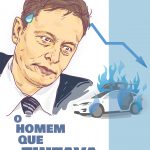 Ilustração de Elon Musk com expressão tensa ao lado de um carro Tesla pegando fogo. Na imagem, está escrito "Em cartaz: o homem que tuitava demais"