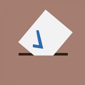 Ilustração de envelope branco com um símbolo de "checked" azul sendo colocado em uma urna.