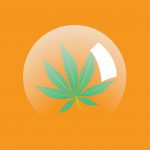 Ilustração de folha de cannabis dentro de uma bolha semitransparente em um fundo laranja