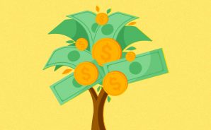 Árvore com notas de dinheiro e moedas no lugar de folhas e frutos