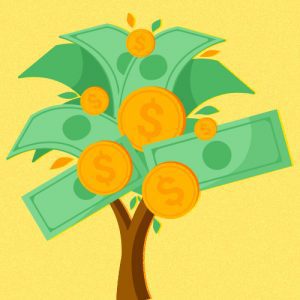 Árvore com notas de dinheiro e moedas no lugar de folhas e frutos
