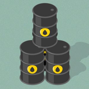 Ilustração mostra três barris de petróleo empilhados